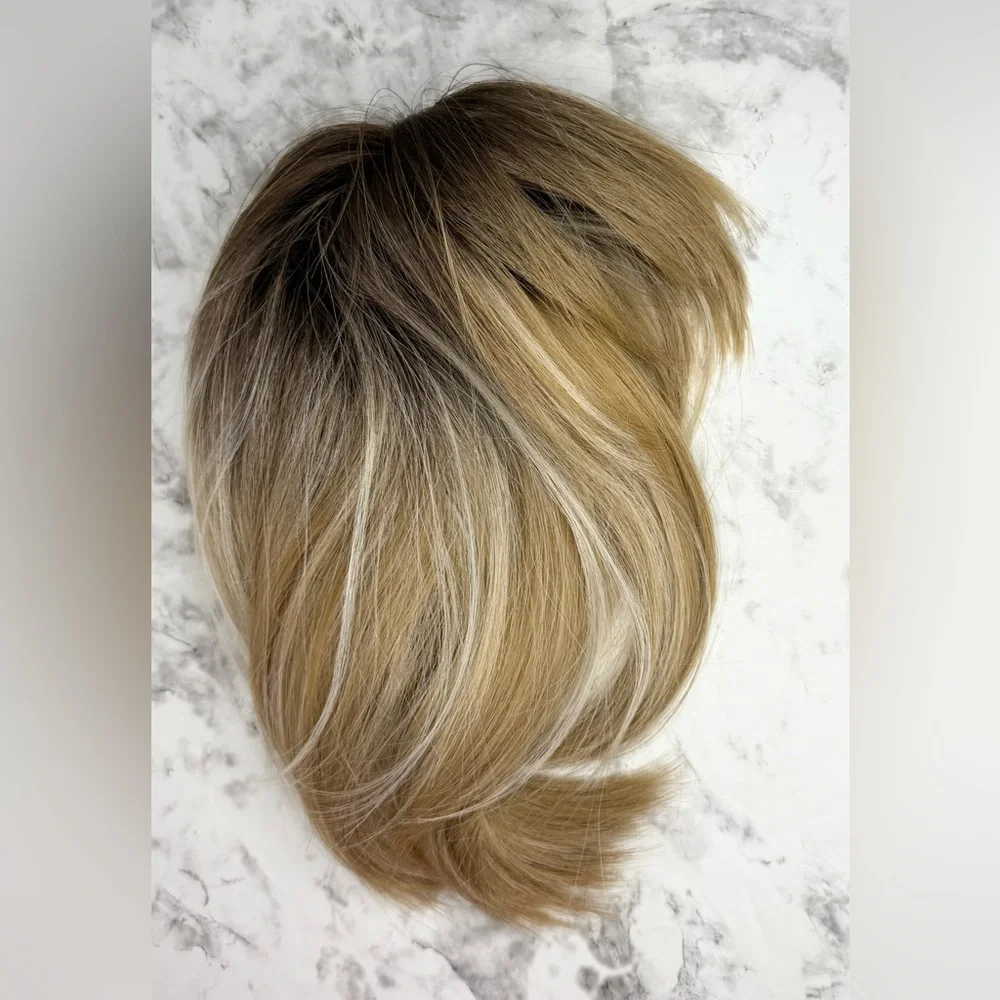 Short Bob Hair Topper with Bangs – Ombre Dark Blonde Synthetic Clip in
